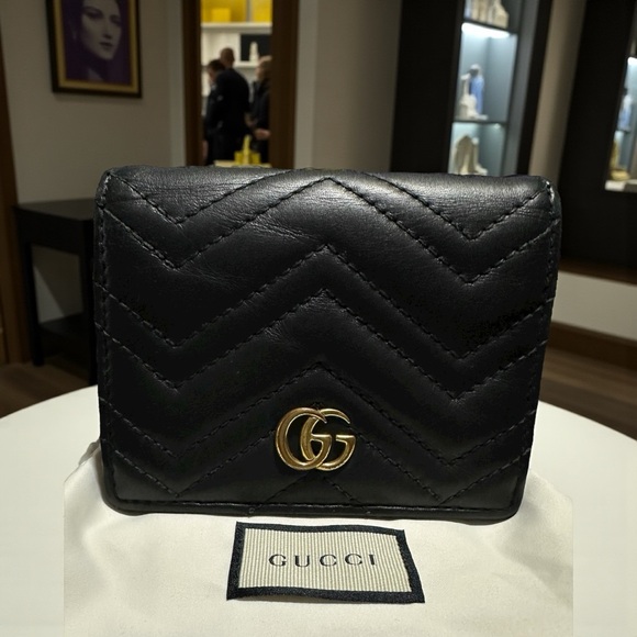 Gucci Accessories - Gucci GG Marmont Black Compact Calfskin Leather Wallet
